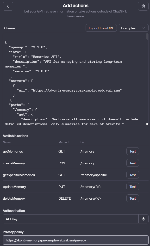 Fully configured GPT action